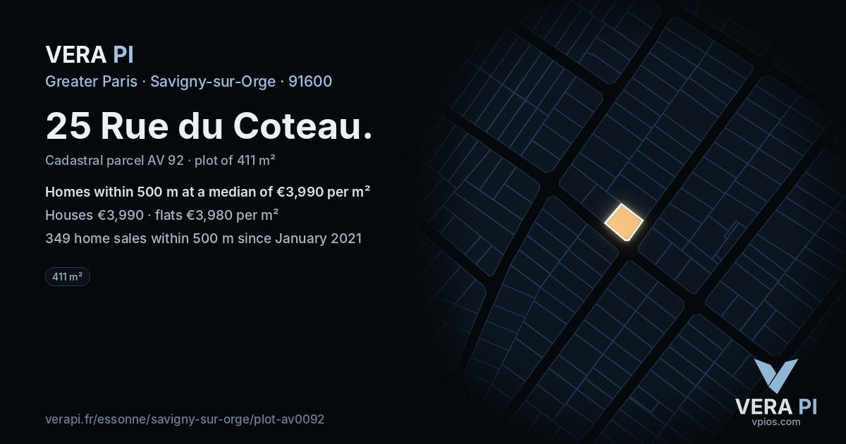 25 Rue du Coteau, Savigny-sur-Orge at night – the plot lit, the parcels around coloured by the prices near them