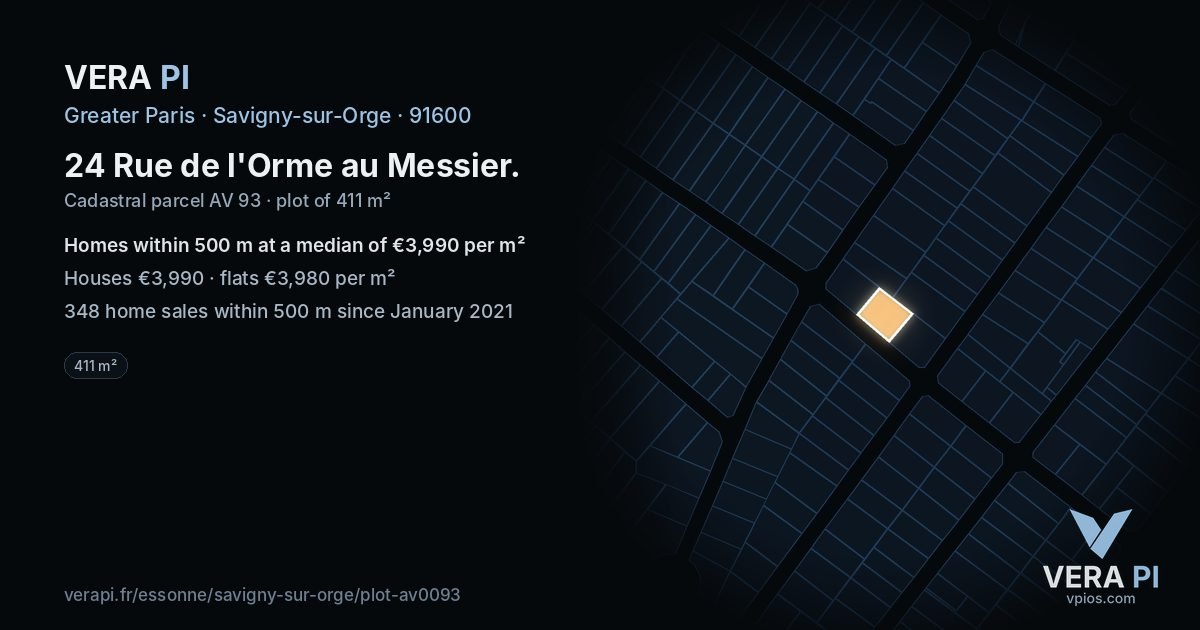 24 Rue de l'Orme au Messier, Savigny-sur-Orge at night – the plot lit, the parcels around coloured by the prices near them