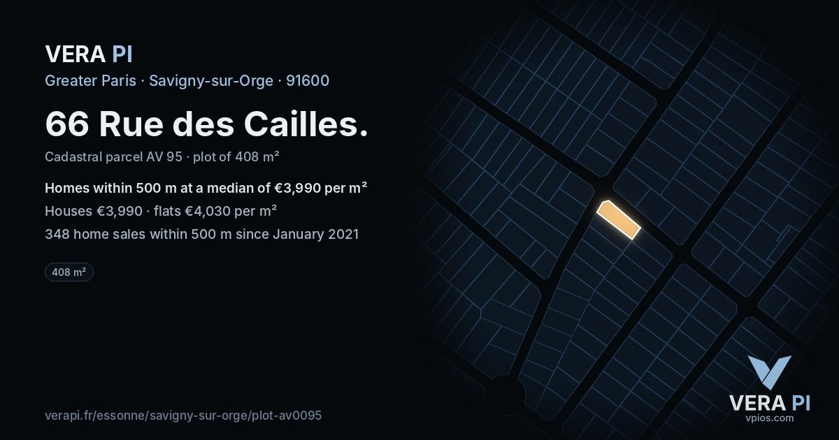 66 Rue des Cailles, Savigny-sur-Orge at night – the plot lit, the parcels around coloured by the prices near them