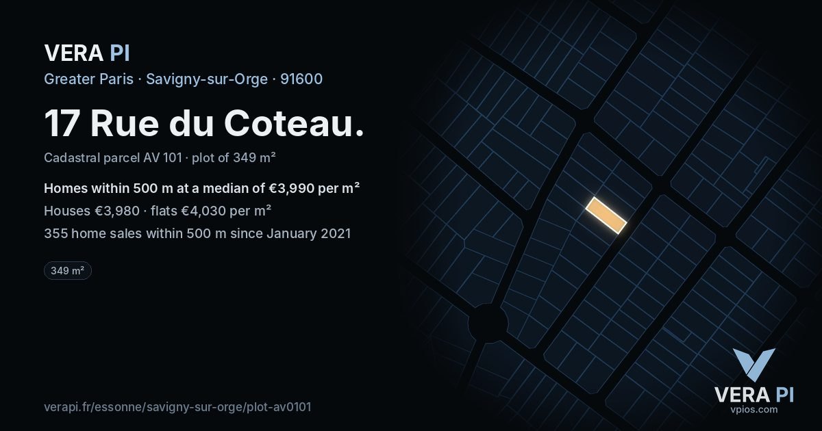 17 Rue du Coteau, Savigny-sur-Orge at night – the plot lit, the parcels around coloured by the prices near them