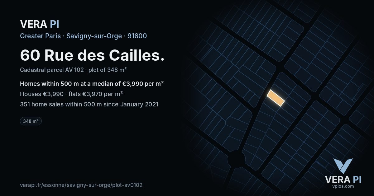 60 Rue des Cailles, Savigny-sur-Orge at night – the plot lit, the parcels around coloured by the prices near them