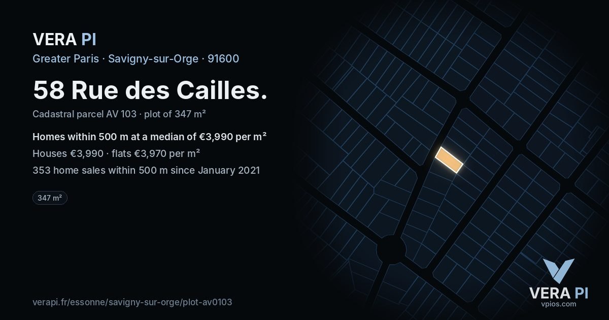 58 Rue des Cailles, Savigny-sur-Orge at night – the plot lit, the parcels around coloured by the prices near them