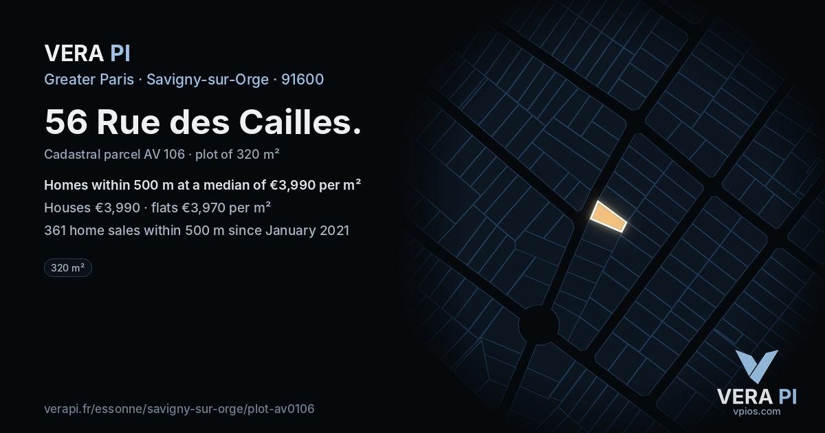 56 Rue des Cailles, Savigny-sur-Orge at night – the plot lit, the parcels around coloured by the prices near them