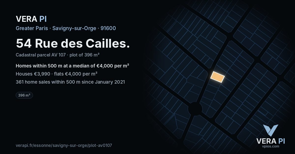 54 Rue des Cailles, Savigny-sur-Orge at night – the plot lit, the parcels around coloured by the prices near them