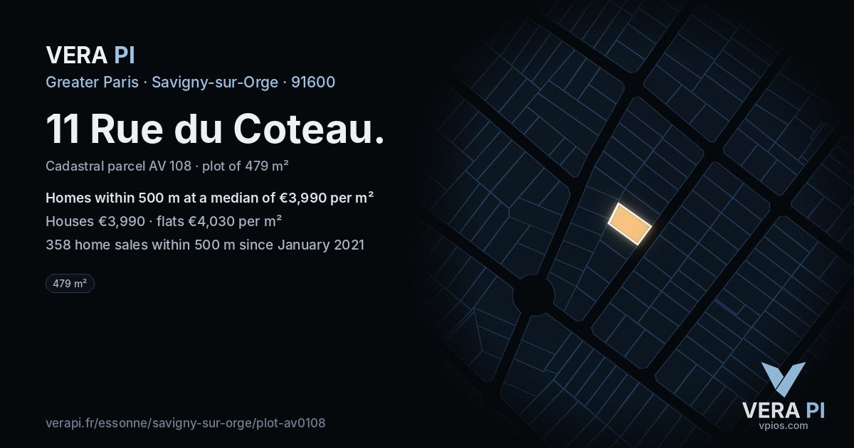 11 Rue du Coteau, Savigny-sur-Orge at night – the plot lit, the parcels around coloured by the prices near them