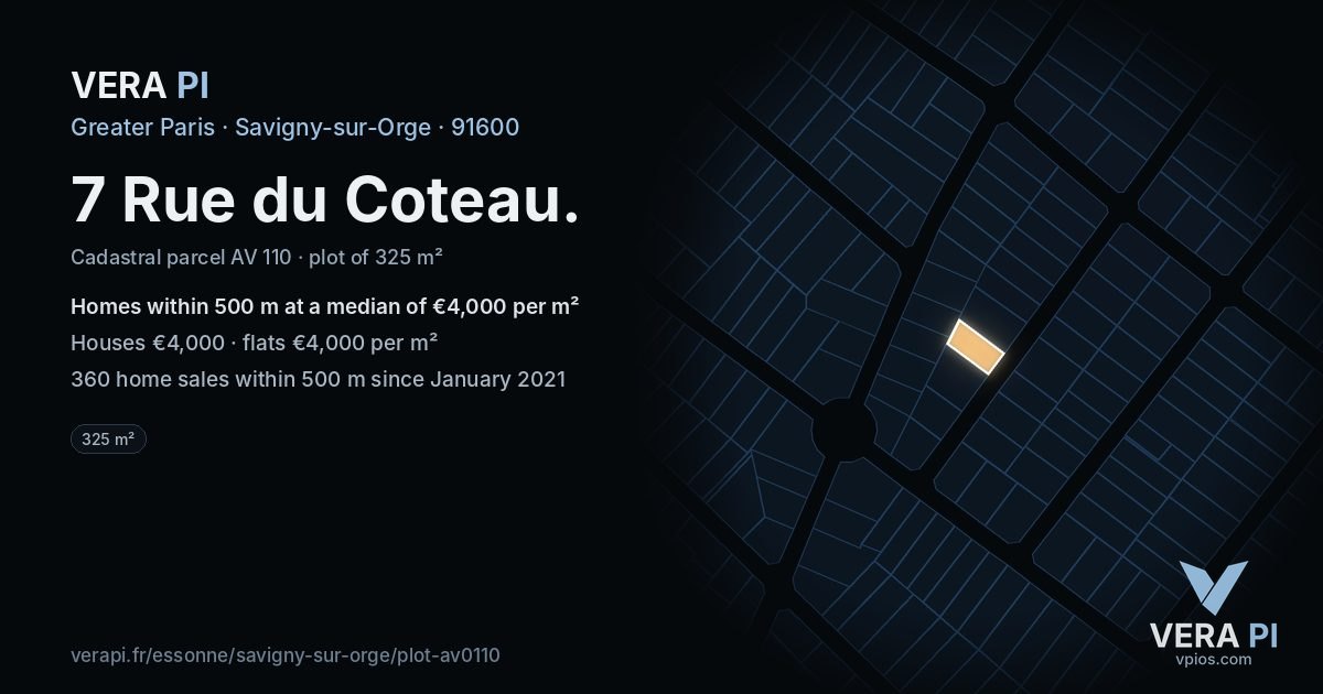 7 Rue du Coteau, Savigny-sur-Orge at night – the plot lit, the parcels around coloured by the prices near them