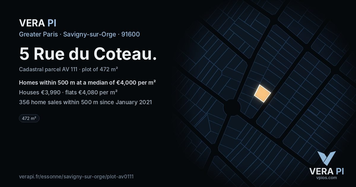 5 Rue du Coteau, Savigny-sur-Orge at night – the plot lit, the parcels around coloured by the prices near them