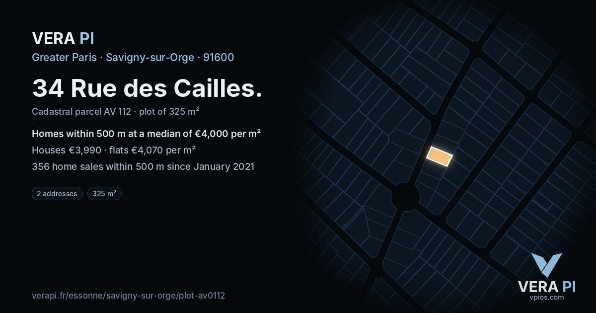 34 Rue des Cailles, Savigny-sur-Orge at night – the plot lit, the parcels around coloured by the prices near them