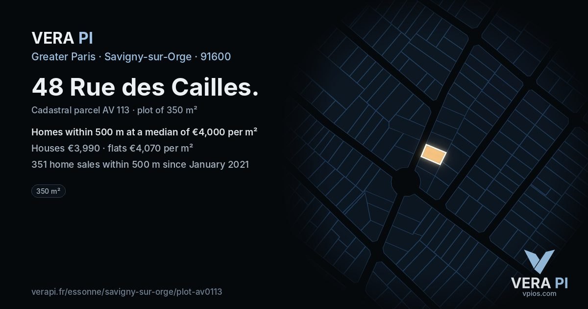 48 Rue des Cailles, Savigny-sur-Orge at night – the plot lit, the parcels around coloured by the prices near them
