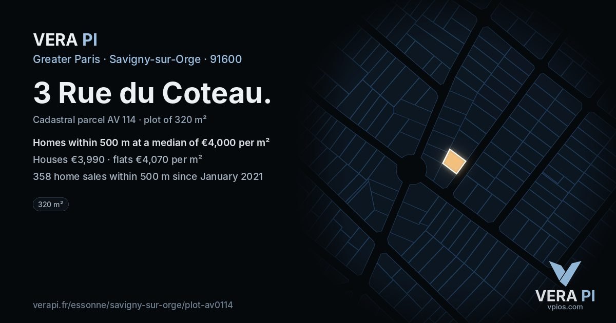3 Rue du Coteau, Savigny-sur-Orge at night – the plot lit, the parcels around coloured by the prices near them