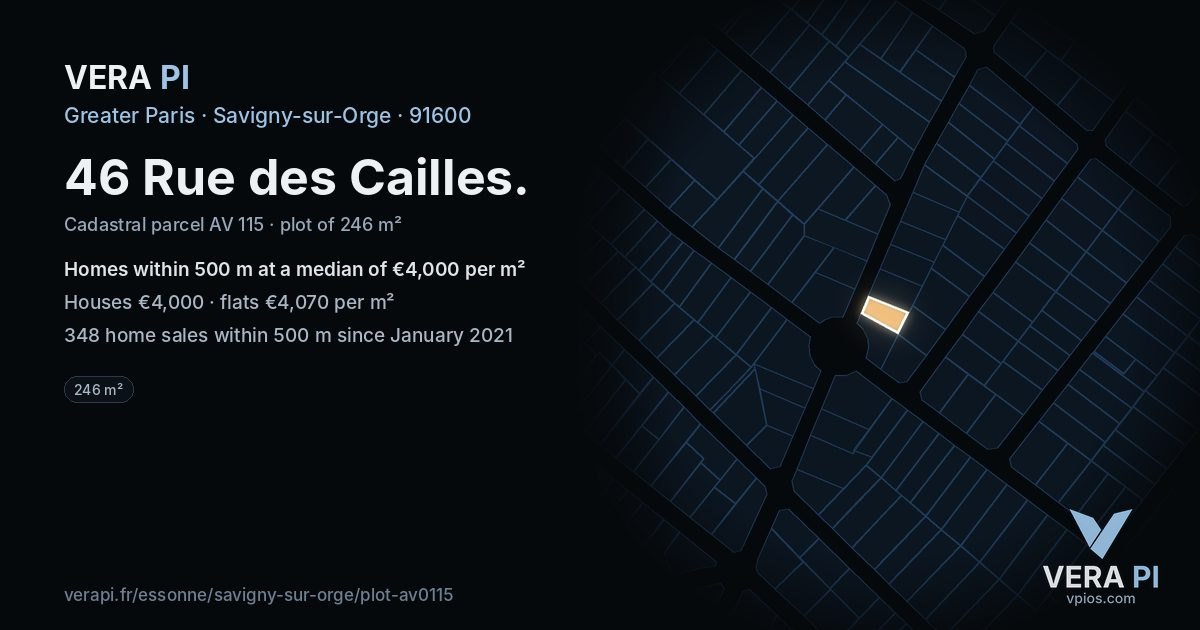 46 Rue des Cailles, Savigny-sur-Orge at night – the plot lit, the parcels around coloured by the prices near them