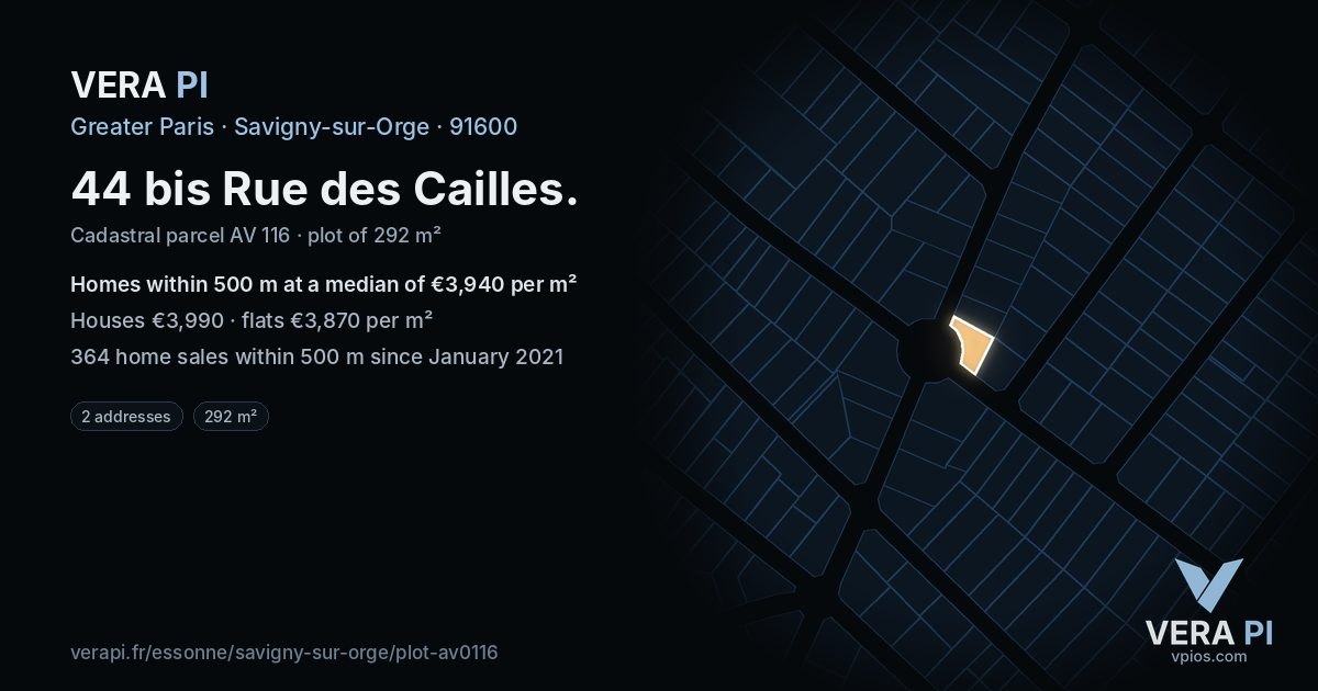 44 bis Rue des Cailles, Savigny-sur-Orge at night – the plot lit, the parcels around coloured by the prices near them