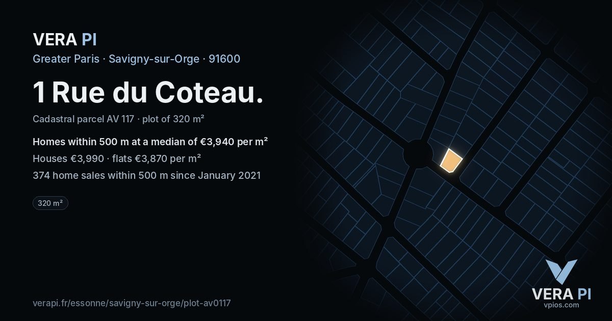 1 Rue du Coteau, Savigny-sur-Orge at night – the plot lit, the parcels around coloured by the prices near them