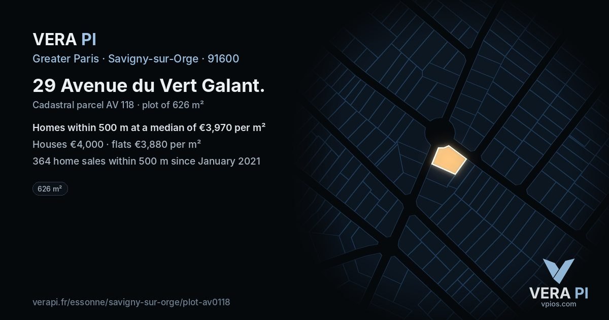 29 Avenue du Vert Galant, Savigny-sur-Orge at night – the plot lit, the parcels around coloured by the prices near them