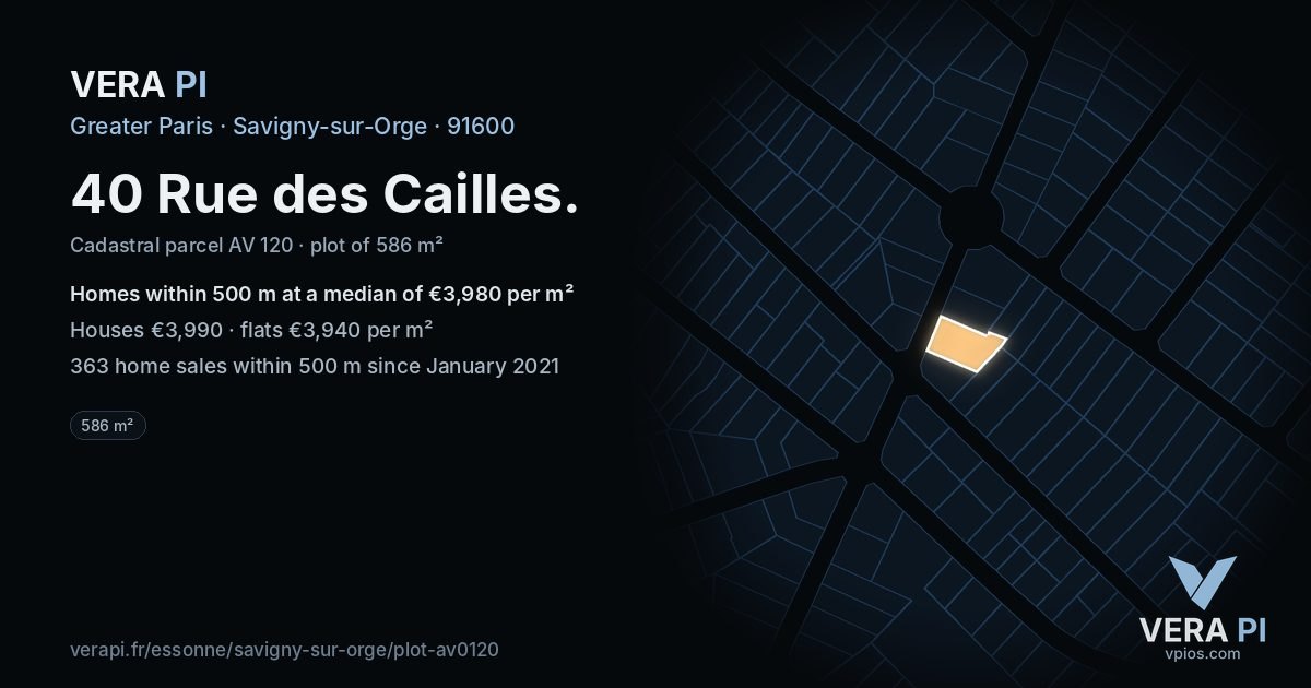 40 Rue des Cailles, Savigny-sur-Orge at night – the plot lit, the parcels around coloured by the prices near them