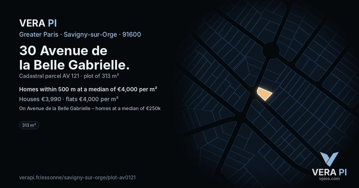 30 Avenue de la Belle Gabrielle, Savigny-sur-Orge at night – the plot lit, the parcels around coloured by the prices near them