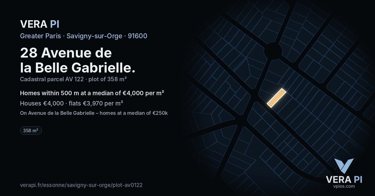 28 Avenue de la Belle Gabrielle, Savigny-sur-Orge at night – the plot lit, the parcels around coloured by the prices near them