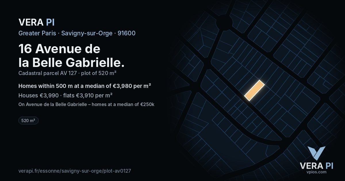 16 Avenue de la Belle Gabrielle, Savigny-sur-Orge at night – the plot lit, the parcels around coloured by the prices near them