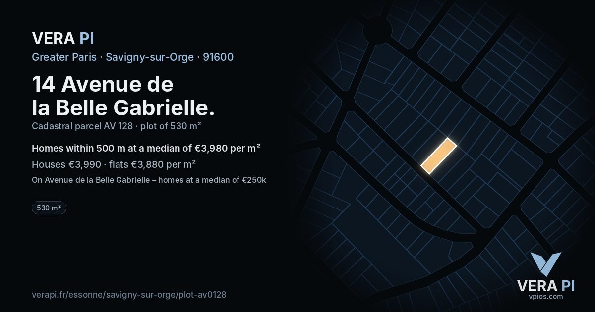 14 Avenue de la Belle Gabrielle, Savigny-sur-Orge at night – the plot lit, the parcels around coloured by the prices near them