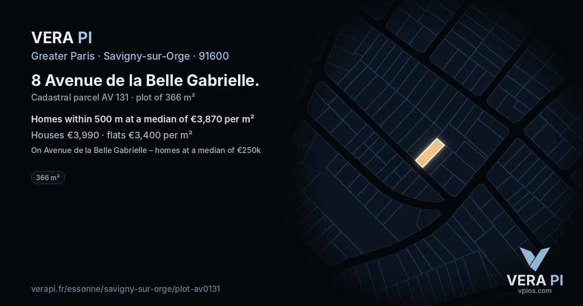 8 Avenue de la Belle Gabrielle, Savigny-sur-Orge at night – the plot lit, the parcels around coloured by the prices near them