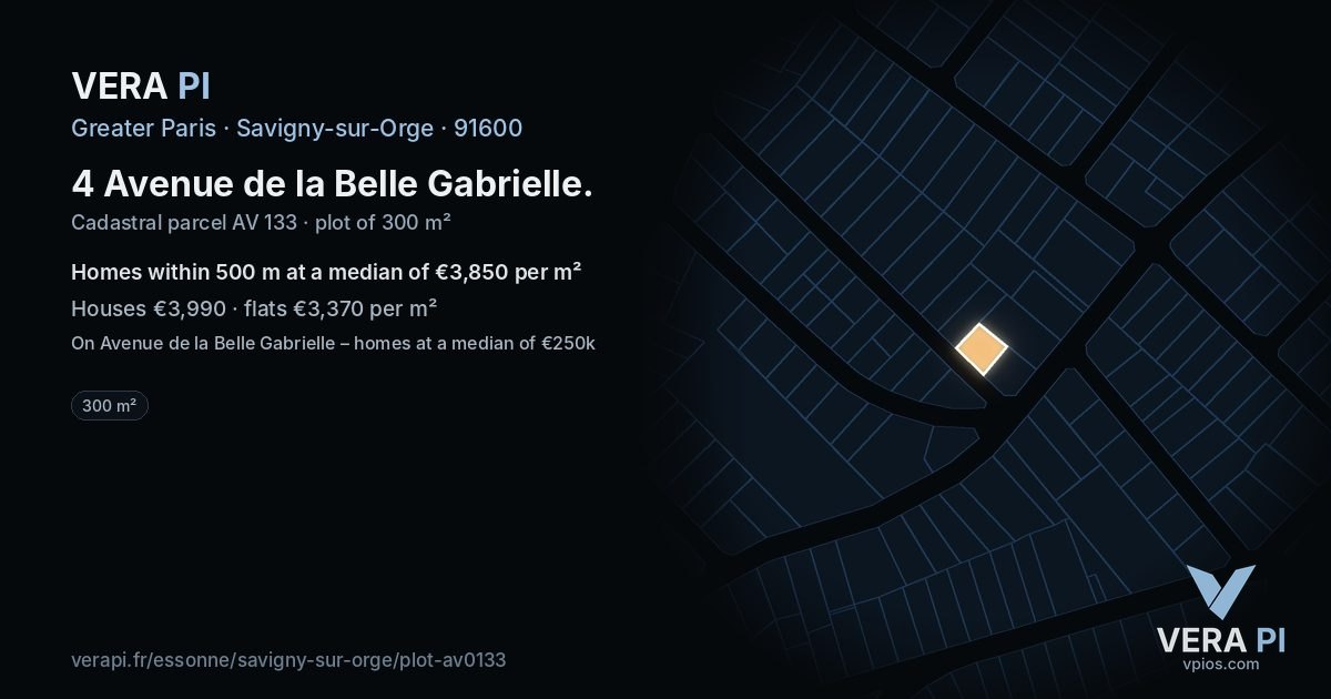 4 Avenue de la Belle Gabrielle, Savigny-sur-Orge at night – the plot lit, the parcels around coloured by the prices near them