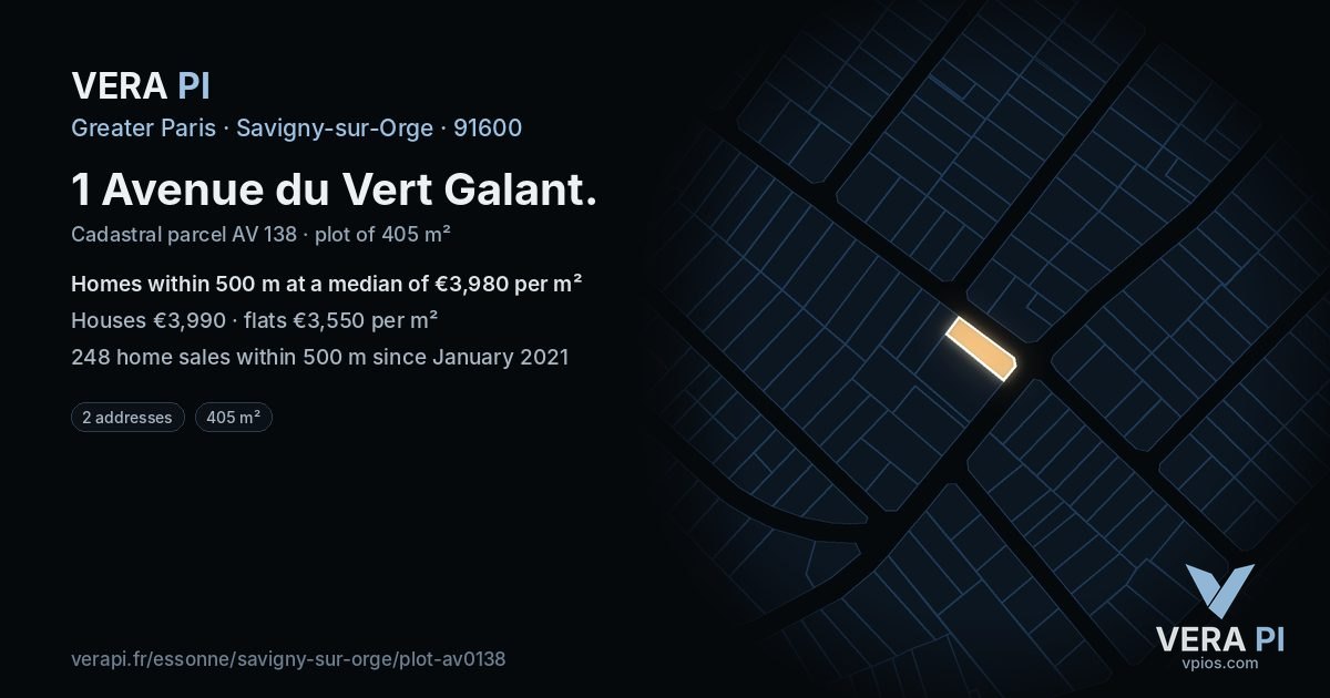 1 Avenue du Vert Galant, Savigny-sur-Orge at night – the plot lit, the parcels around coloured by the prices near them