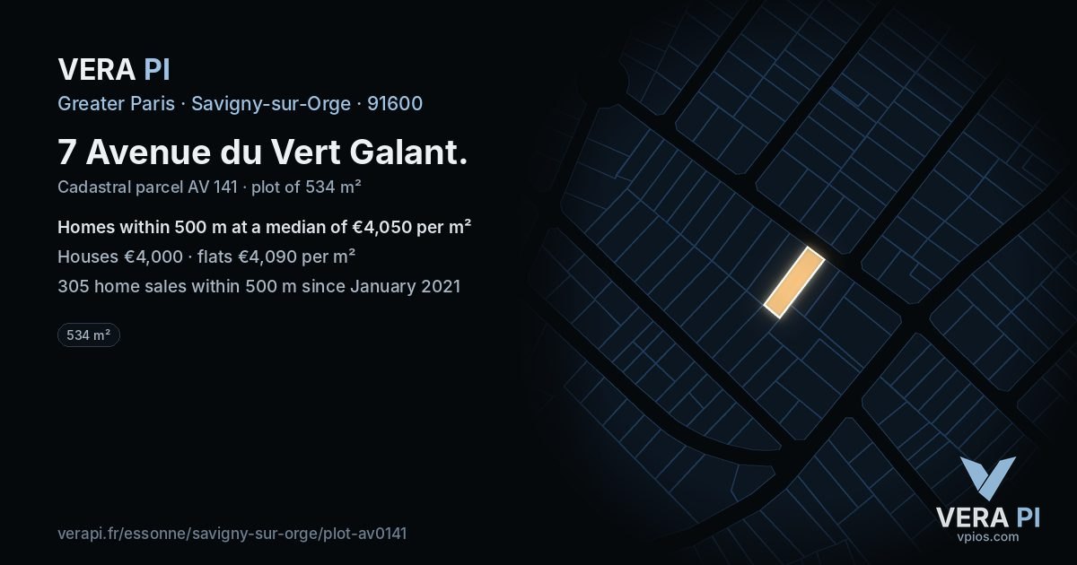 7 Avenue du Vert Galant, Savigny-sur-Orge at night – the plot lit, the parcels around coloured by the prices near them