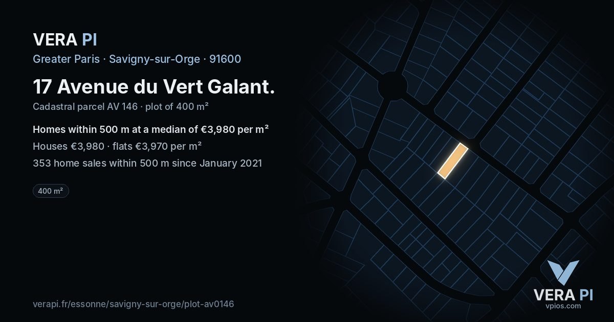 17 Avenue du Vert Galant, Savigny-sur-Orge at night – the plot lit, the parcels around coloured by the prices near them