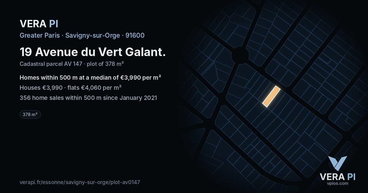 19 Avenue du Vert Galant, Savigny-sur-Orge at night – the plot lit, the parcels around coloured by the prices near them