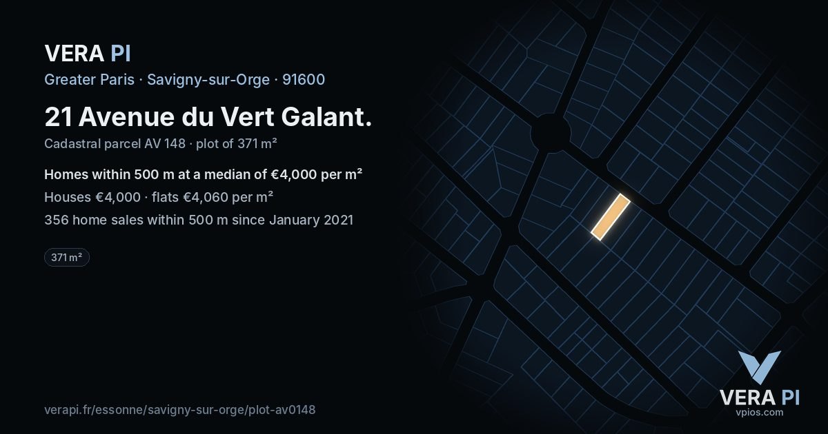 21 Avenue du Vert Galant, Savigny-sur-Orge at night – the plot lit, the parcels around coloured by the prices near them