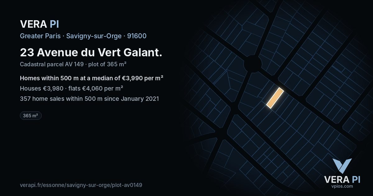 23 Avenue du Vert Galant, Savigny-sur-Orge at night – the plot lit, the parcels around coloured by the prices near them