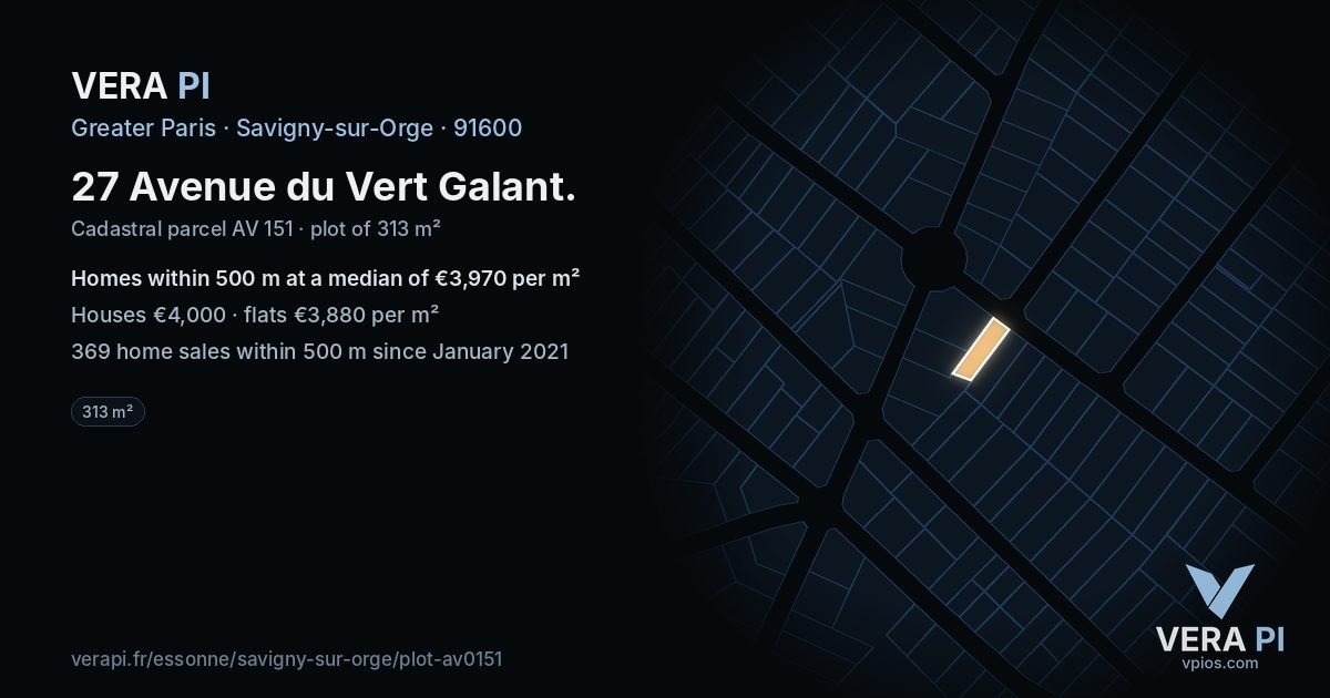 27 Avenue du Vert Galant, Savigny-sur-Orge at night – the plot lit, the parcels around coloured by the prices near them