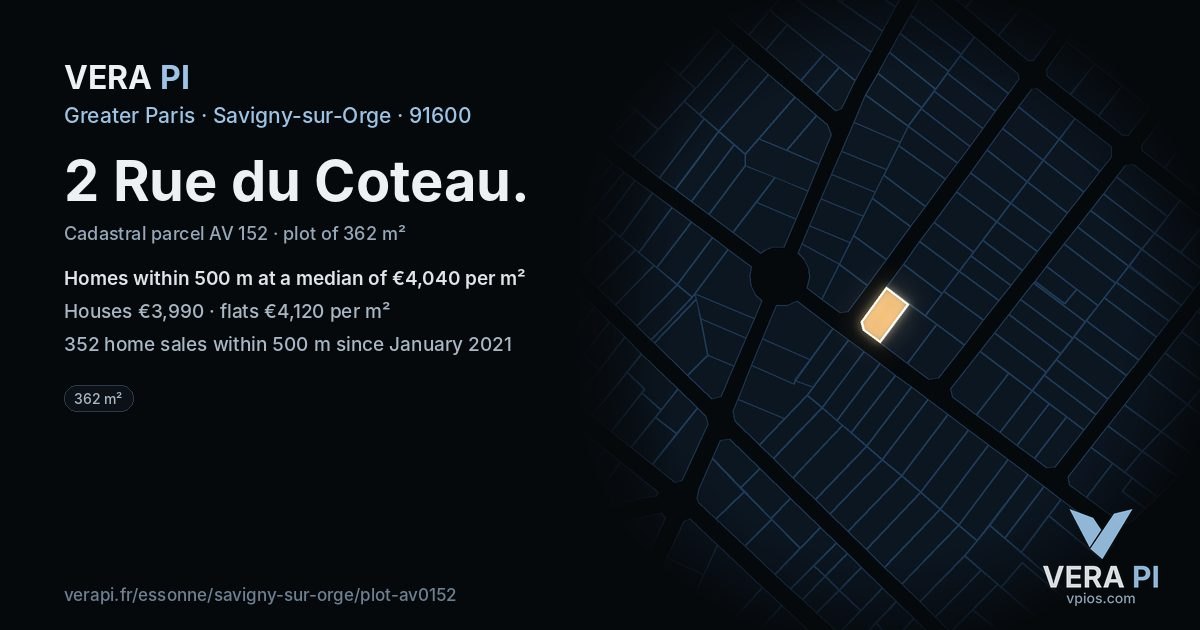 2 Rue du Coteau, Savigny-sur-Orge at night – the plot lit, the parcels around coloured by the prices near them