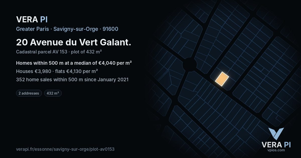 20 Avenue du Vert Galant, Savigny-sur-Orge at night – the plot lit, the parcels around coloured by the prices near them