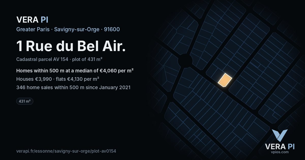 1 Rue du Bel Air, Savigny-sur-Orge at night – the plot lit, the parcels around coloured by the prices near them