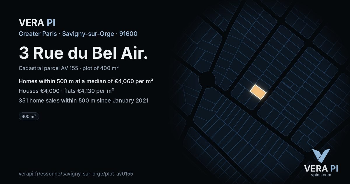3 Rue du Bel Air, Savigny-sur-Orge at night – the plot lit, the parcels around coloured by the prices near them