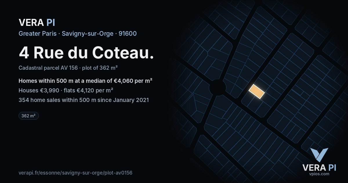 4 Rue du Coteau, Savigny-sur-Orge at night – the plot lit, the parcels around coloured by the prices near them
