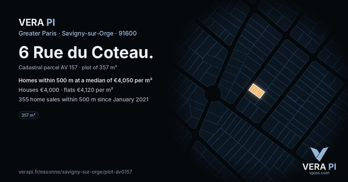 6 Rue du Coteau, Savigny-sur-Orge at night – the plot lit, the parcels around coloured by the prices near them