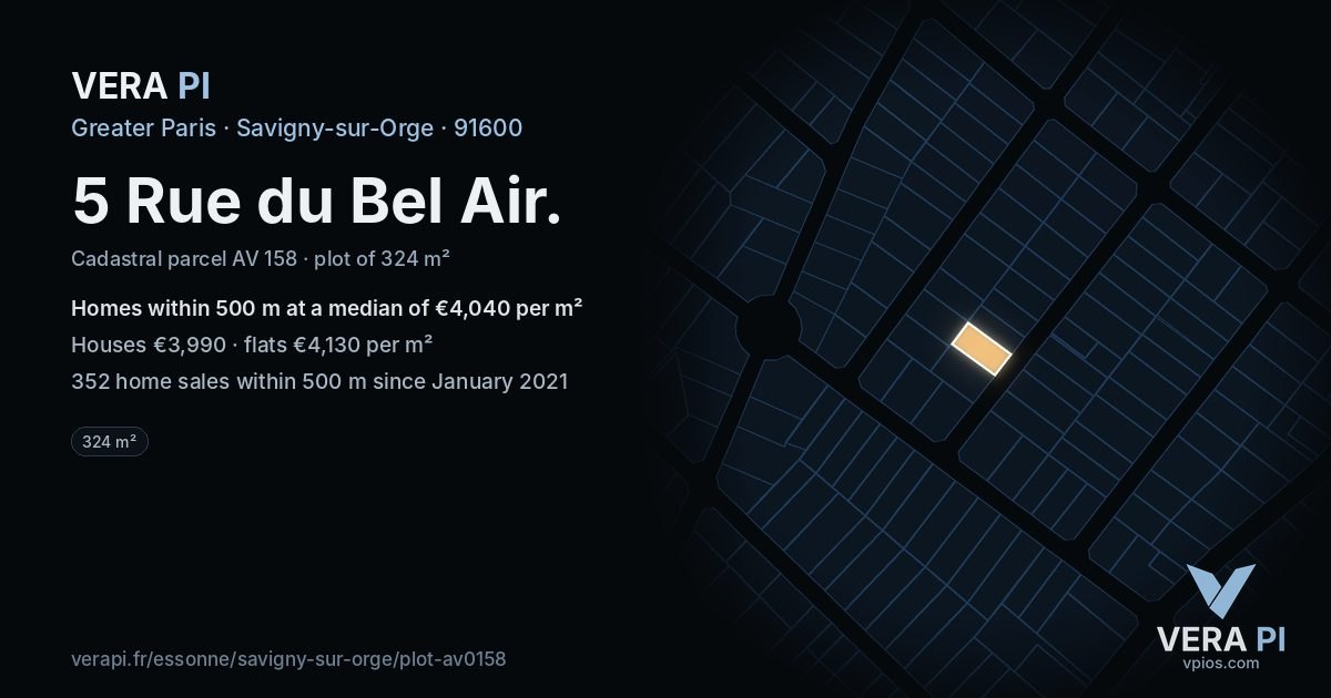 5 Rue du Bel Air, Savigny-sur-Orge at night – the plot lit, the parcels around coloured by the prices near them