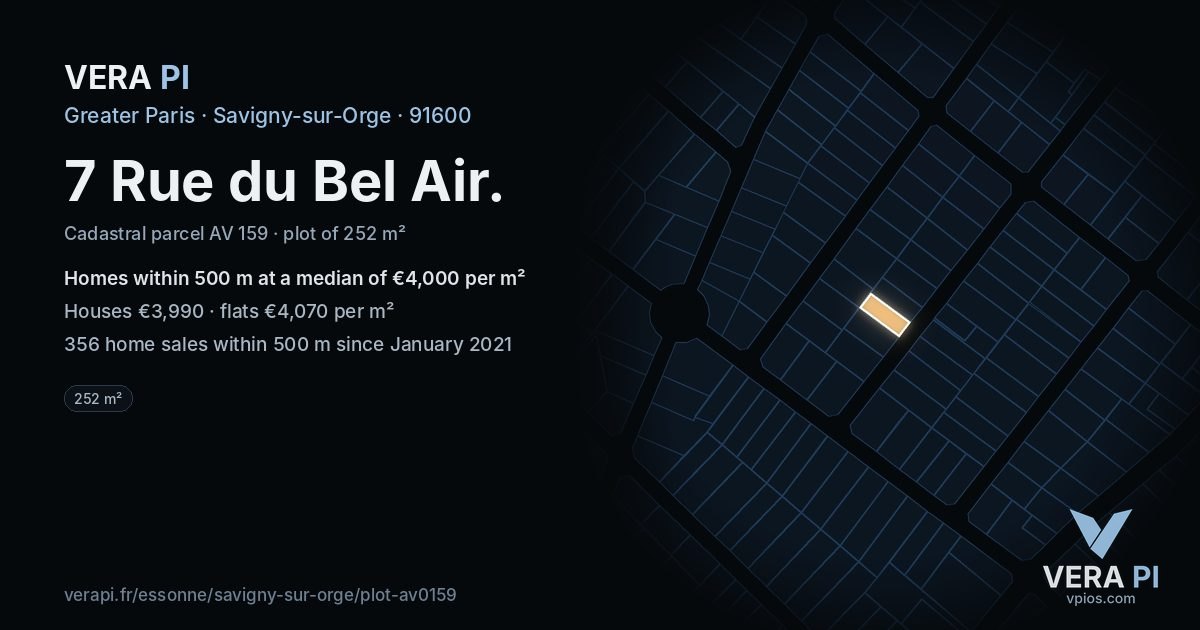 7 Rue du Bel Air, Savigny-sur-Orge at night – the plot lit, the parcels around coloured by the prices near them