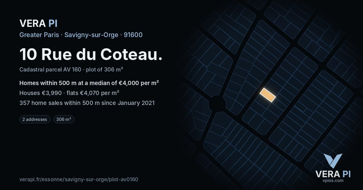 10 Rue du Coteau, Savigny-sur-Orge at night – the plot lit, the parcels around coloured by the prices near them