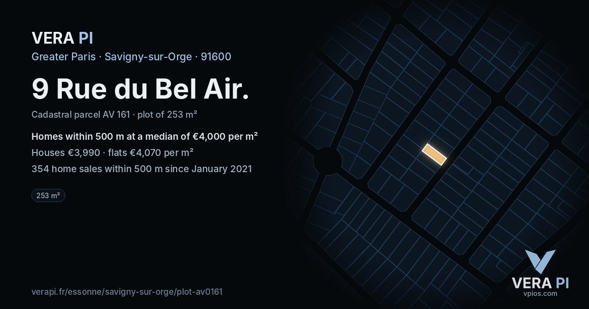9 Rue du Bel Air, Savigny-sur-Orge at night – the plot lit, the parcels around coloured by the prices near them