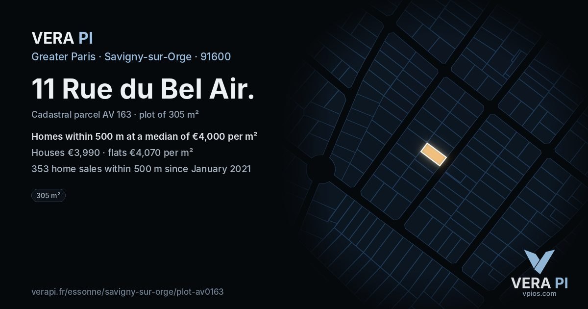 11 Rue du Bel Air, Savigny-sur-Orge at night – the plot lit, the parcels around coloured by the prices near them