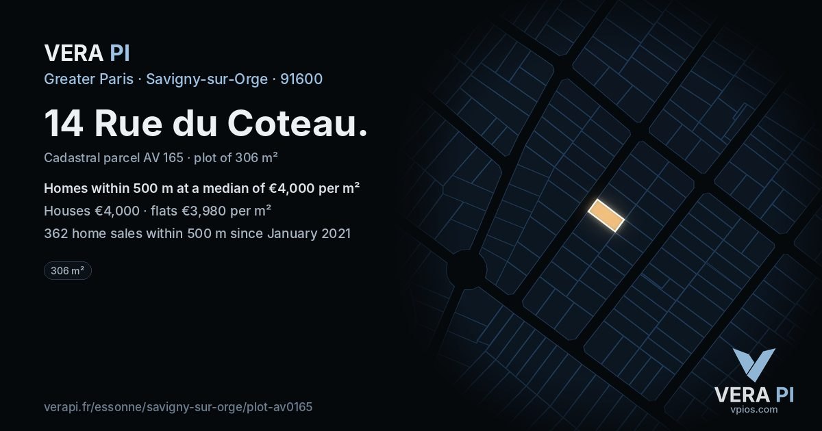 14 Rue du Coteau, Savigny-sur-Orge at night – the plot lit, the parcels around coloured by the prices near them