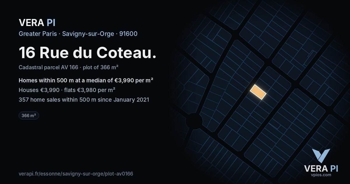 16 Rue du Coteau, Savigny-sur-Orge at night – the plot lit, the parcels around coloured by the prices near them