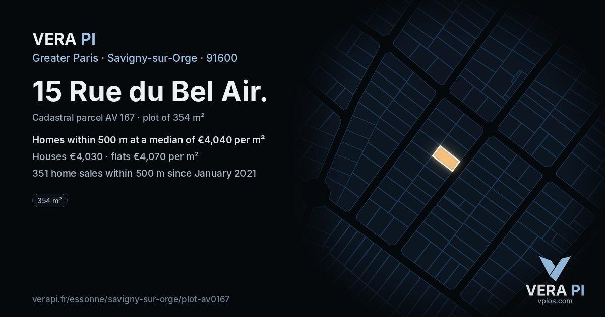 15 Rue du Bel Air, Savigny-sur-Orge at night – the plot lit, the parcels around coloured by the prices near them