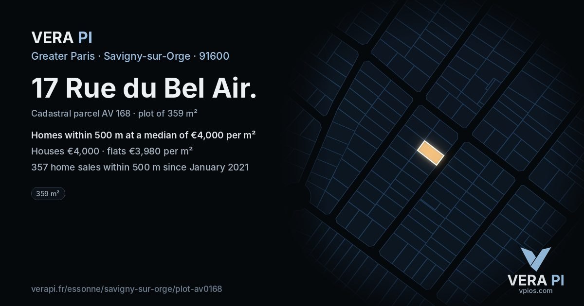 17 Rue du Bel Air, Savigny-sur-Orge at night – the plot lit, the parcels around coloured by the prices near them