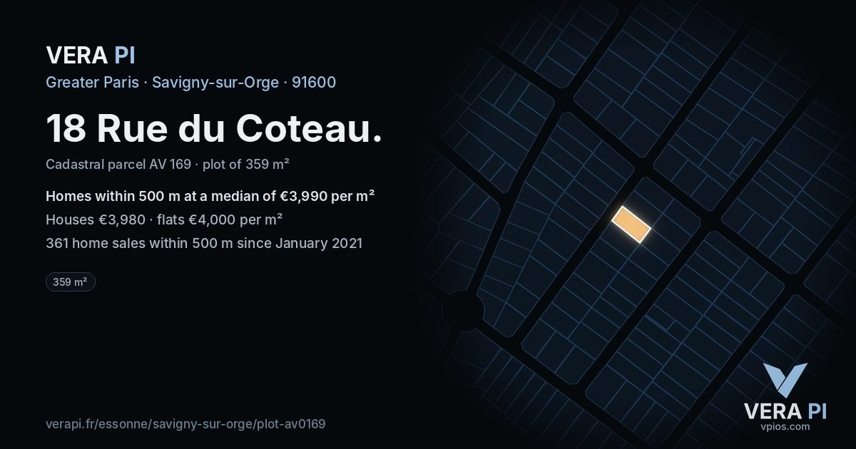18 Rue du Coteau, Savigny-sur-Orge at night – the plot lit, the parcels around coloured by the prices near them