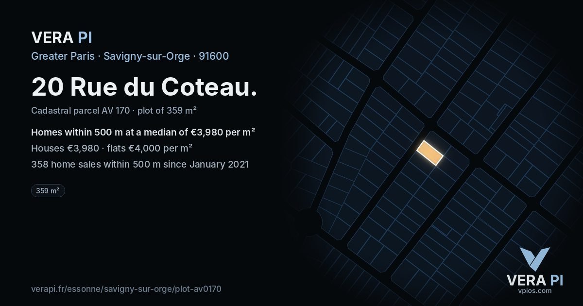20 Rue du Coteau, Savigny-sur-Orge at night – the plot lit, the parcels around coloured by the prices near them