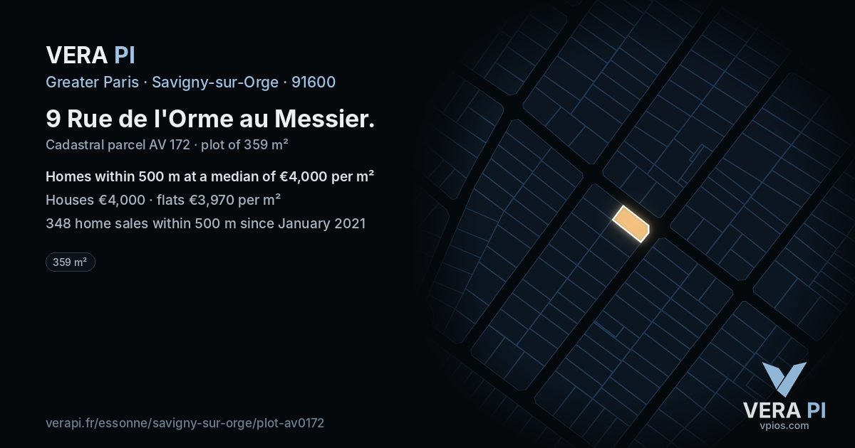 9 Rue de l'Orme au Messier, Savigny-sur-Orge at night – the plot lit, the parcels around coloured by the prices near them